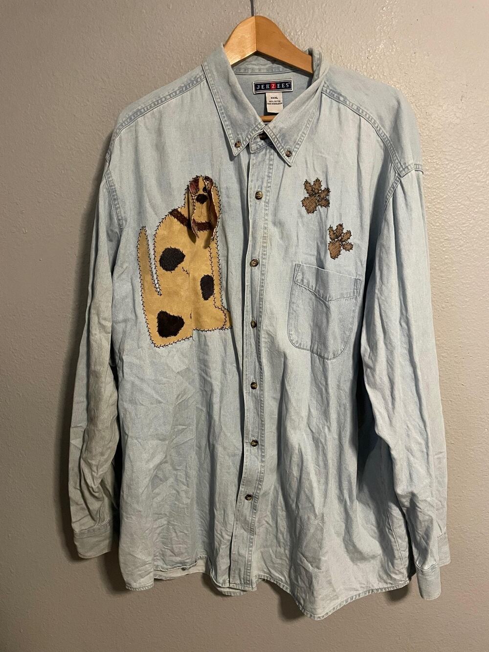 VTG Jerzees Shirt Mens 3XL Denim Long Sleeve Novelty Dog Applique Granny READ - Picture 1 of 8